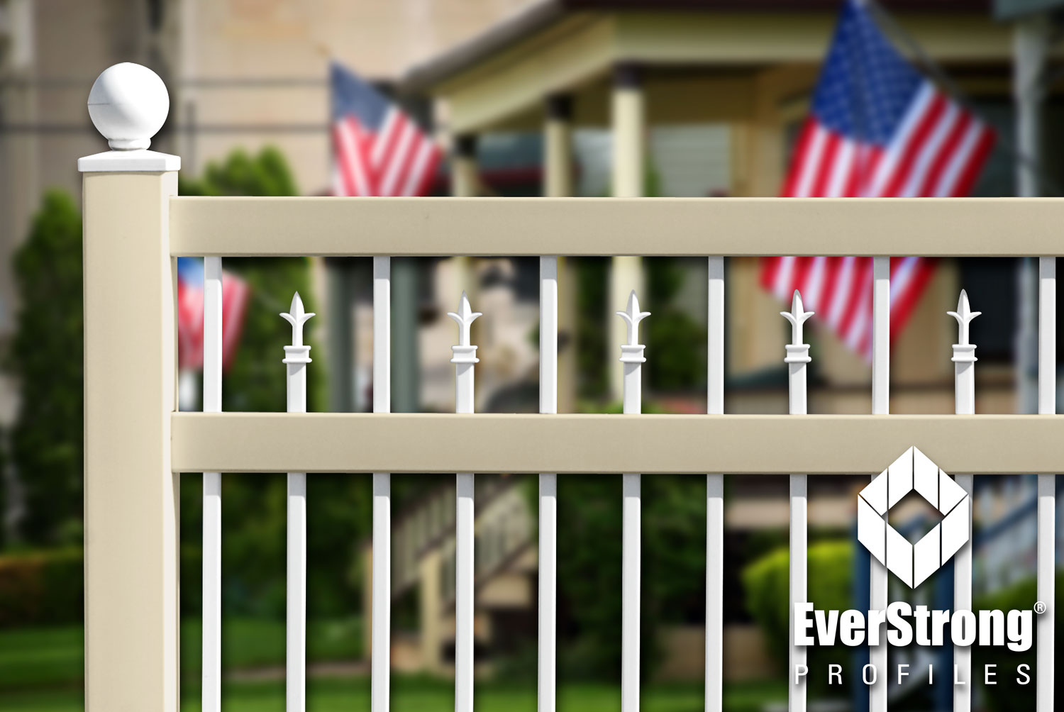 Classic Beige and Classic White 1 Inch by 1 Inch Ornamental Picket Fence Made With EverStrong Profiles for Vinyl Fence and Railing #fence #fences #vinylfence #pvcfence #vinylfences #pvcfences #picketfence #fencecompany #fencecontractor #fenceinstaller #fencesupplies #longisland #longislandny #connecticut #rhodeisland #massachusetts #newjersey #pennsylvania #thenortheast #tristatearea