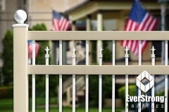 Classic Beige and Classic White 1 Inch by 1 Inch Ornamental Picket Fence Made With EverStrong Profiles for Vinyl Fence and Railing #fence #fences #vinylfence #pvcfence #vinylfences #pvcfences #picketfence #fencecompany #fencecontractor #fenceinstaller #fencesupplies #longisland #longislandny #connecticut #rhodeisland #massachusetts #newjersey #pennsylvania #thenortheast #tristatearea
